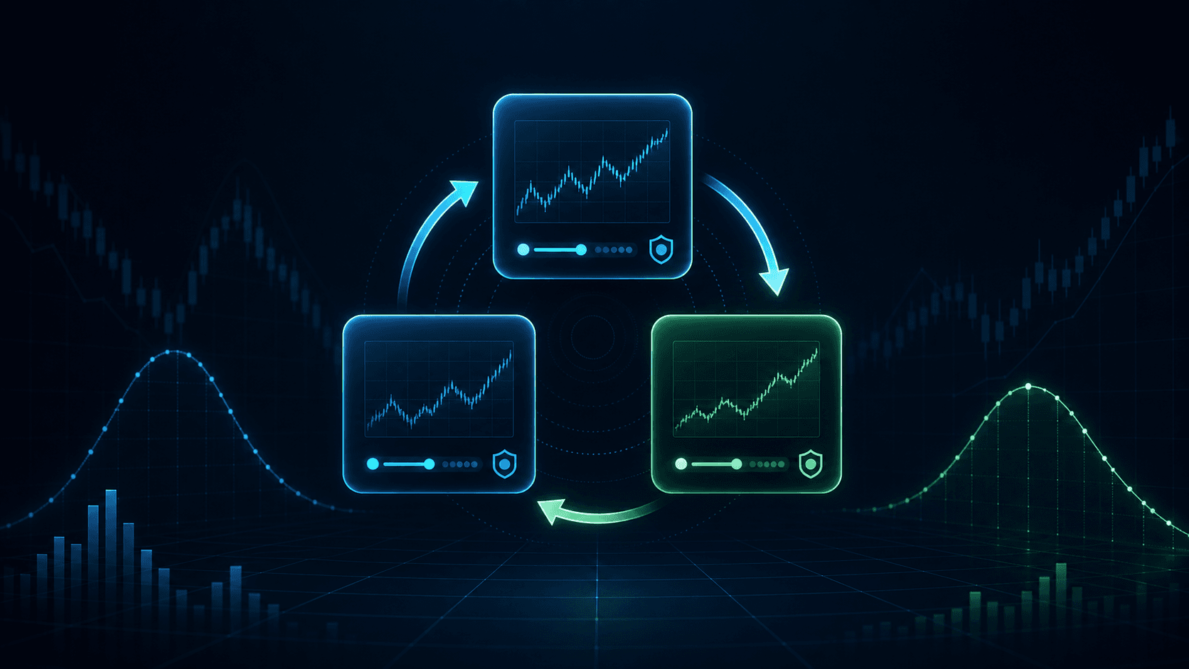 Three rotating prop firm evaluation account cards over a dark trading analytics dashboard
