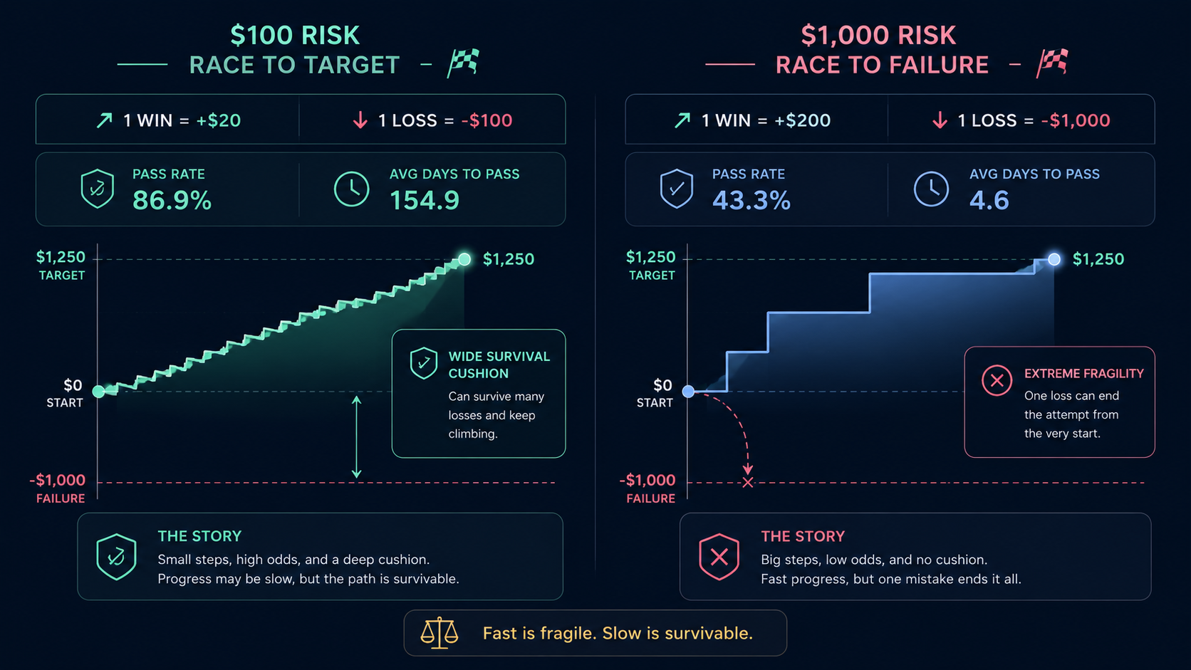 Comparison of low-risk and high-risk prop firm challenge paths